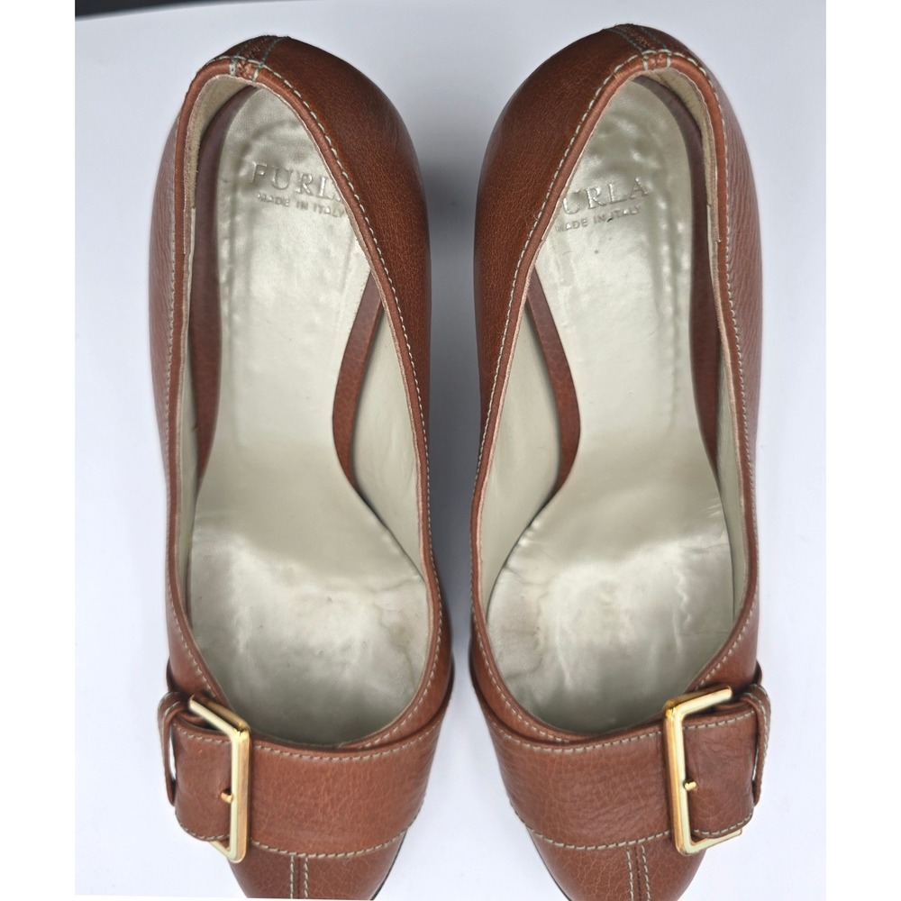 Vintage Furla Brown Leather Pumps Y2K Corporate Chic Buckle Block Heel 38 US 8 - Picture 10 of 14